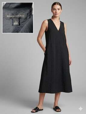 Banana Republic Textured Crinkle V-Neck Sleeveless Shift Dress Black S
